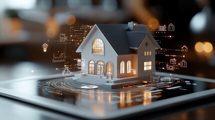 3D bar graph of property loan amortization layered with house icon, data visualization for real estate