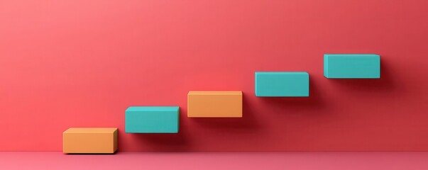 Obraz premium A series of colorful blocks arranged in ascending order against a red background, symbolizing growth and progress.
