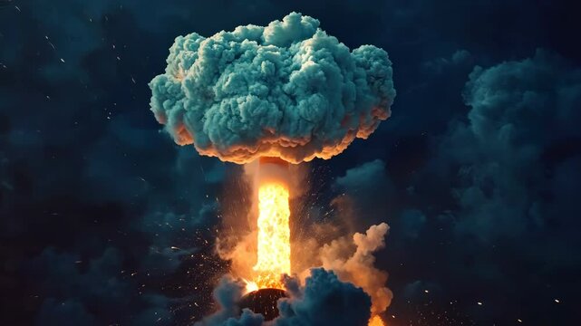 Terrible explosion of a nuclear bomb with a mushroom cloud, Hydrogen bomb test concept design, Nuclear catastrophe idea, atomic bomb detonation, radiation aftermath effects.