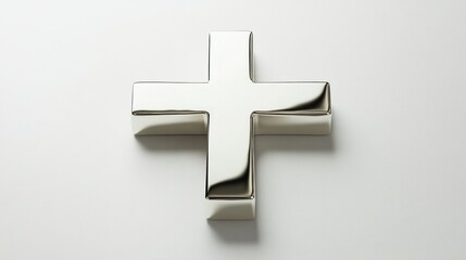 Obraz premium Minimalist 3D silver cross, top view, isolated on a clean white background with a polished, reflective surface.