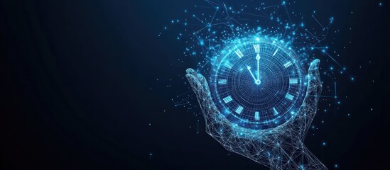 Obraz premium Hand Holding A Clock Made of Blue Lines and Dots.