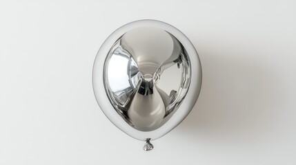 Minimalist silver balloon with chrome finish, rendered in 3D, top view on a white background.