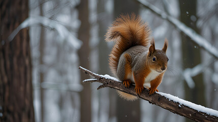 Squirrel running on a branch in winter forest