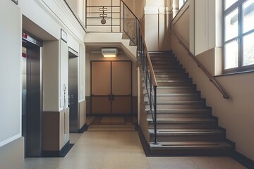 Interior of a hotel corridor with wooden stairs and elevator.