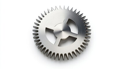 Modern silver gear icon with polished metal surface, isolated on white background, top view.