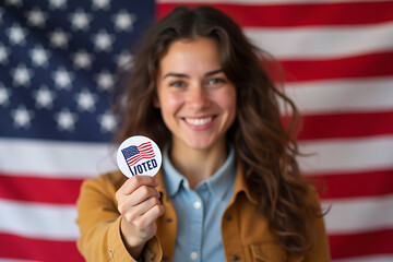  A young woman with curly hair proudly displays her I Voted sticker in front of an American flag background during election season