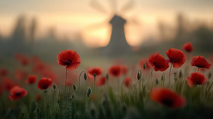 Obraz premium field of vibrant red poppy flowers swaying gently in breeze, with windmill in background, creating serene and picturesque landscape at sunset