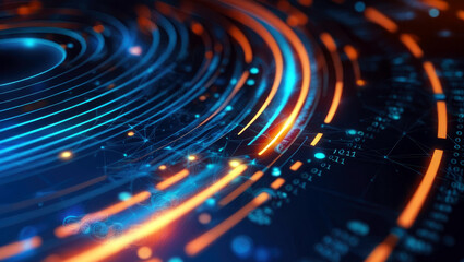 Futuristic abstract glowing circular lines on dark blue background.