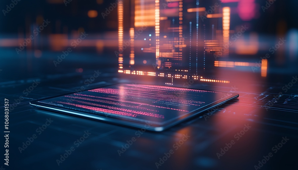 Fototapete A futuristic digital interface with hovering data, showcasing vibrant colors and advanced technology, representing computing and data visualization.