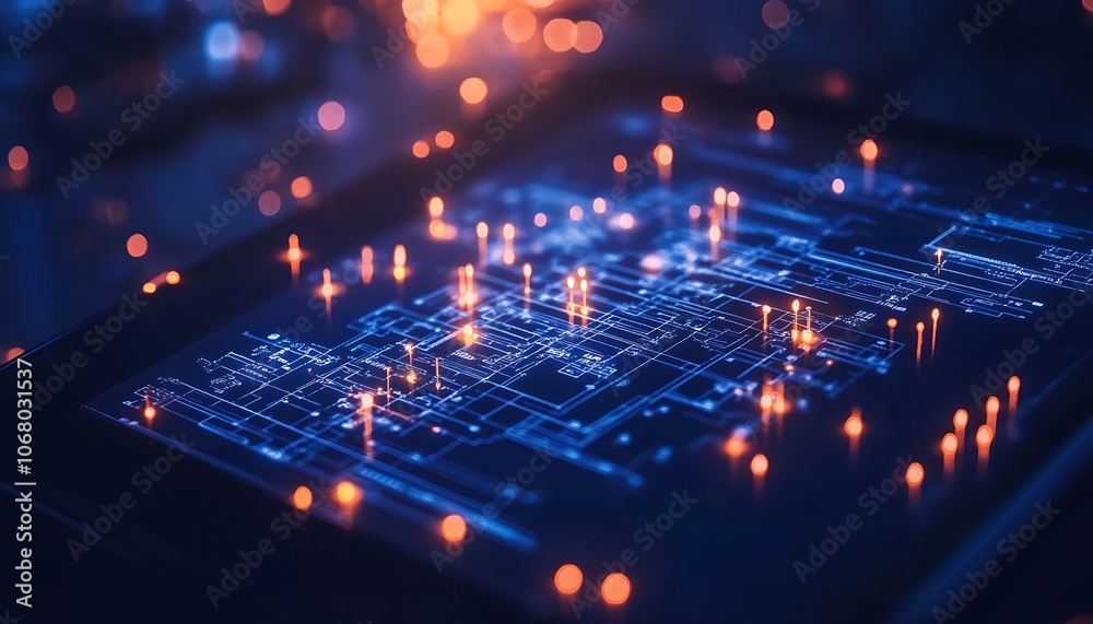 Poster A vibrant digital circuit board overflowing with glowing blue and orange lights, symbolizing advanced technology and intricate data processing.