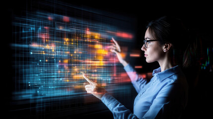 person in high tech office setting interacts with digital interface, showcasing advanced technology and data visualization. atmosphere is innovative and futuristic