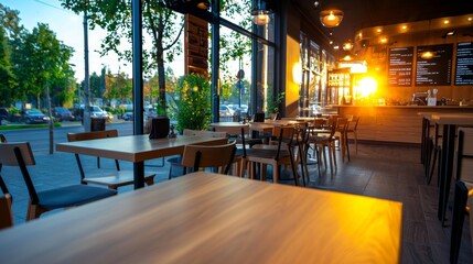 Fototapeta premium Bright and Modern Cafe Interior at Sunset