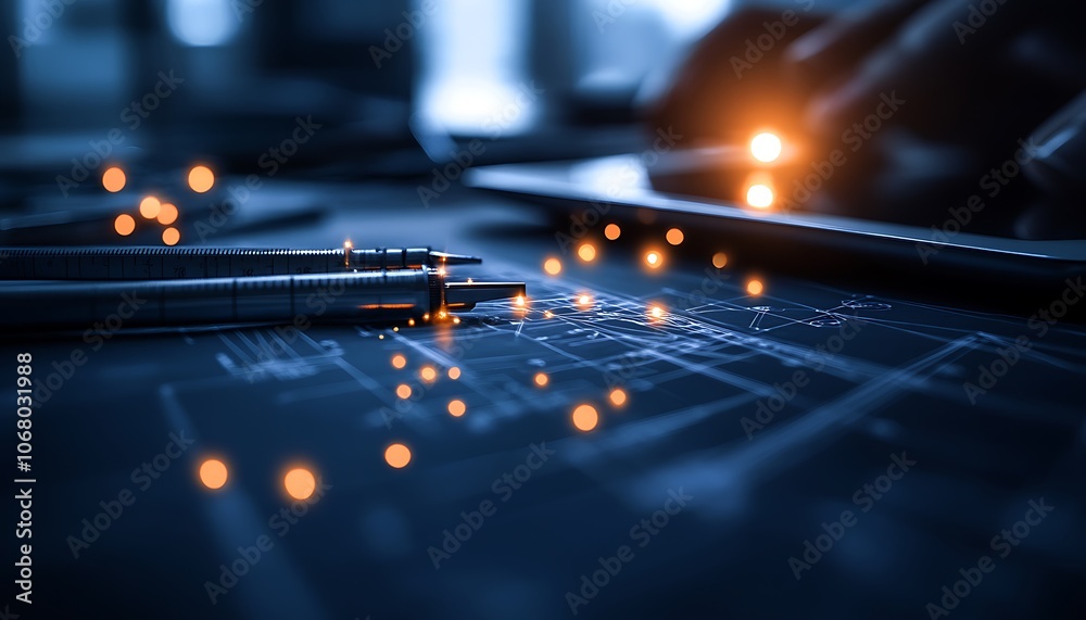 Poster a dimly lit workspace with pens and sparkles, suggesting creativity and innovation in design or tech