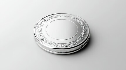 Realistic 3D illustration of a polished silver coin, top view, set on a minimal white background...