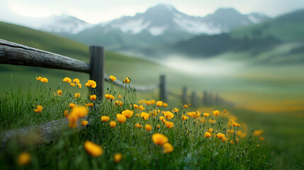 Fototapeta premium serene landscape with blooming yellow flowers and wooden fence, surrounded by misty mountains, creating peaceful atmosphere
