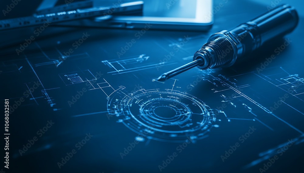 Poster a sleek blueprint or design sheet with a technical drawing, illuminated by blue light, alongside a p