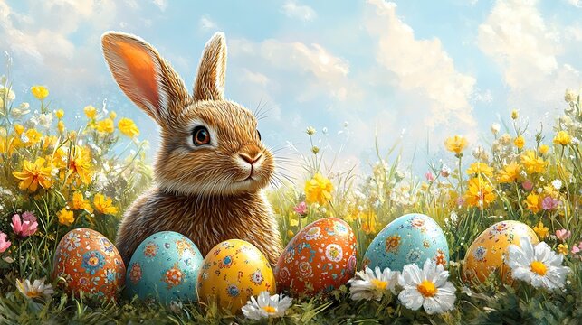 Cute bunny with decorated eggs and flowers in a sunny landscape, ideal for Easter greeting card or banner designs.