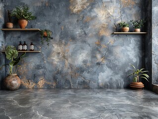 A modern interior featuring a textured wall, plants, and shelves for a stylish ambiance.