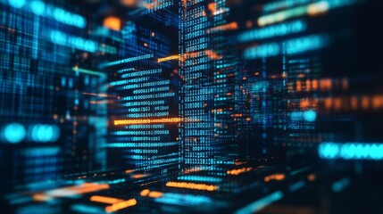 8.Layers of glowing code float in a dark, abstract background, with holographic displays of computer scripts and software algorithms. The vibrant neon blue and green light effects give a