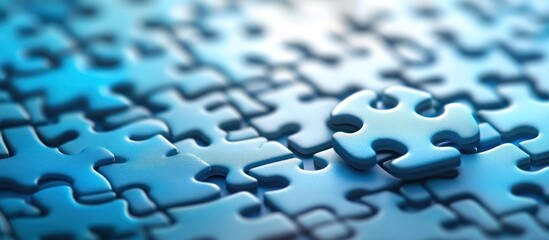 Close-up of a blue puzzle with one piece slightly raised.