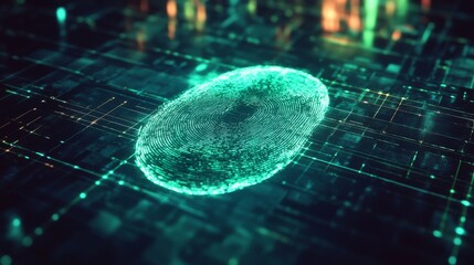17.A high-tech fingerprint scan rendered in neon light, radiating in vivid blue and green hues. The glowing lines of the fingerprint are layered over a dark grid background, symbolizing digital