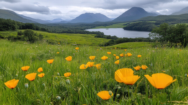 Lush green field with vibrant orange poppy flowers and distant mountains