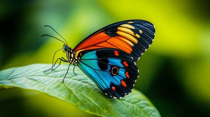 61.A close-up of a butterfly with vivid, colorful wings gently resting on a bright green leaf. The intricate patterns on its wings display a blend of vibrant oranges, blues, and blacks, with delicate