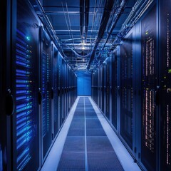 Fototapeta premium Tech haven: server room filled with rows of sleek servers, illuminated blinking lights, cooled by quiet fans, serves as backbone of digital operations, ensuring seamless connectivity, data management.