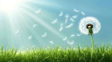 Dandelion seeds gently blowing in the wind across a green grass meadow, with sunlight streaming through, evoking a serene spring or summer atmosphere. 