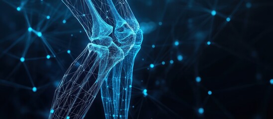 Close up of a digital human knee joint, with glowing blue light.