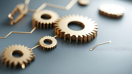Golden gears representing economic dynamics and mechanical efficiency, interconnected in complex network. This symbolizes intricate relationships in industry and technology