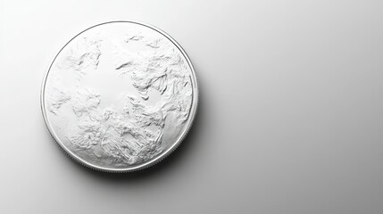 Top-down view of a polished 3D silver coin icon on a white background, perfect for minimalistic,...