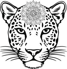 Leopard face with mandala pattern on head , thick lines, low details white background 5.eps