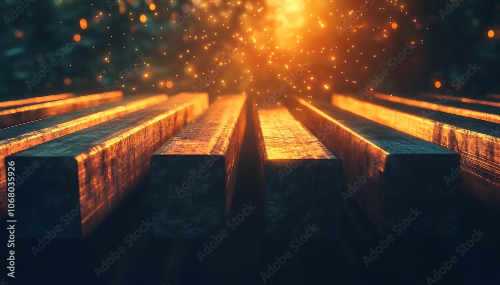 Aufkleber glimmering metal bars illuminated by warm light, showcasing texture and details amidst a backdrop of