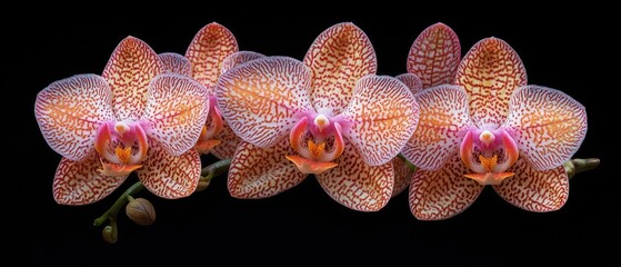 Fototapeta na wymiar Four pink and orange spotted orchids with a black background.