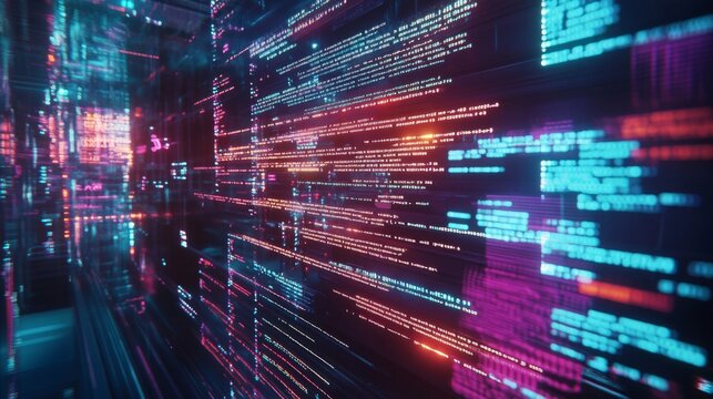 6.A close-up of programming code displayed on a digital screen, with glowing lines of code scrolling in 3D. The background is filled with futuristic HUD elements and light effects, creating an