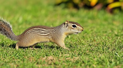 88.A lone African ground squirrel scurries across a grassy field, stopping momentarily to inspect its surroundings. The rich green and yellow hues of the grassland stretch into the distance, as the