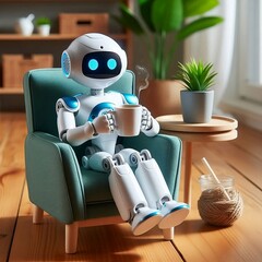 Mini ai robot sitting and drinking  coffee 