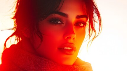 Red toned Portrait of a Woman Intense Gaze Dramatic Lighting Fashion Beauty