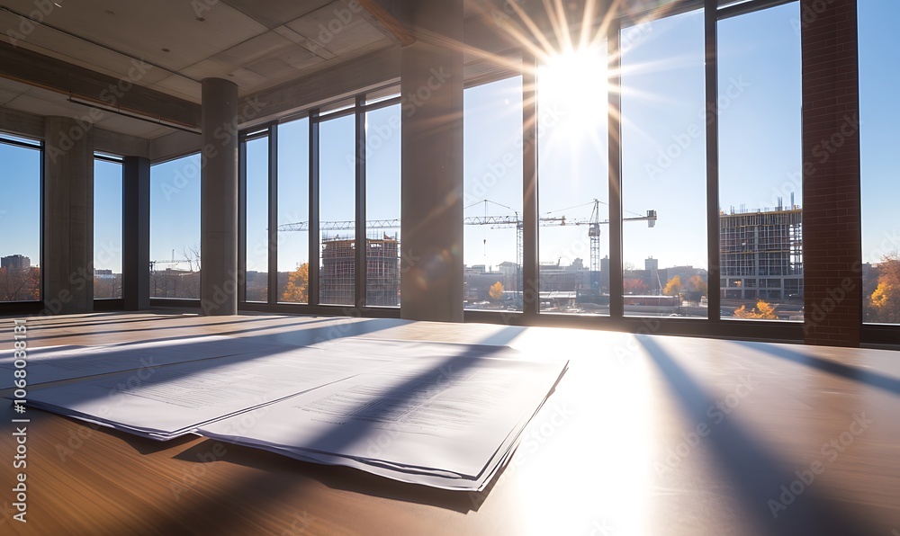 Poster Bright sunlight streams through large windows into a spacious, modern interior, showcasing a clean table and urban view.