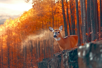 autumn forest in the forest, 8k highest resolution. Amazing clear shot with good light and proportion, magazine photo-like style. hidden white tail deer in a dense forest.