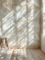 A sunlit room with a wooden stool and textured walls, creating a serene atmosphere.