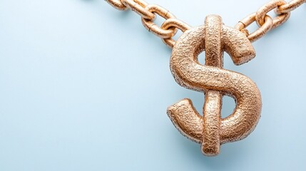 Obraz premium Cost of capital debt concept. A close-up of a gold dollar sign pendant hanging from a chain against a light blue background, symbolizing wealth and luxury.