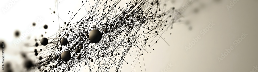 Poster an abstract illustration featuring a dynamic arrangement of thin, intertwining lines and spheres, cr