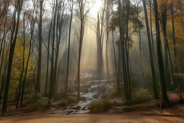 8k highest resolution. sunrise in a dense forest, fall forest, woods with fog, woods and river, capturing the golden light filtering through the trees. Sunlight though trees