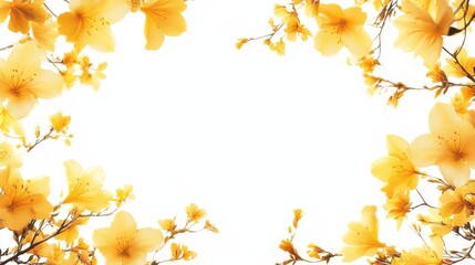 Obraz premium A cheerful border of bright yellow flowers surrounding a white background, creating a vibrant yellow-themed design with ample space for text or a message.