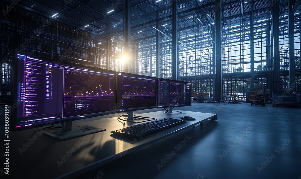 Leinwandbilder a futuristic workspace featuring multiple computer monitors with a purple glow, surrounded by an ind