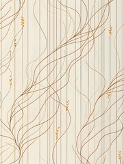 A delicate pattern featuring flowing lines and small golden leaves on a soft beige background, creating an elegant and tranquil ambiance for interior design.