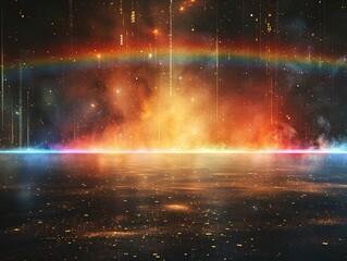 Fototapeta premium A vibrant cosmic landscape featuring a rainbow and colorful mist against a starry backdrop.