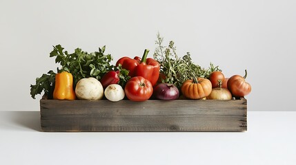 Assortment of Fresh Vegetables in a Wooden Crate